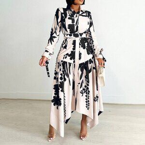 Summer fashion temperament printed lapel long sleeve irregular dress